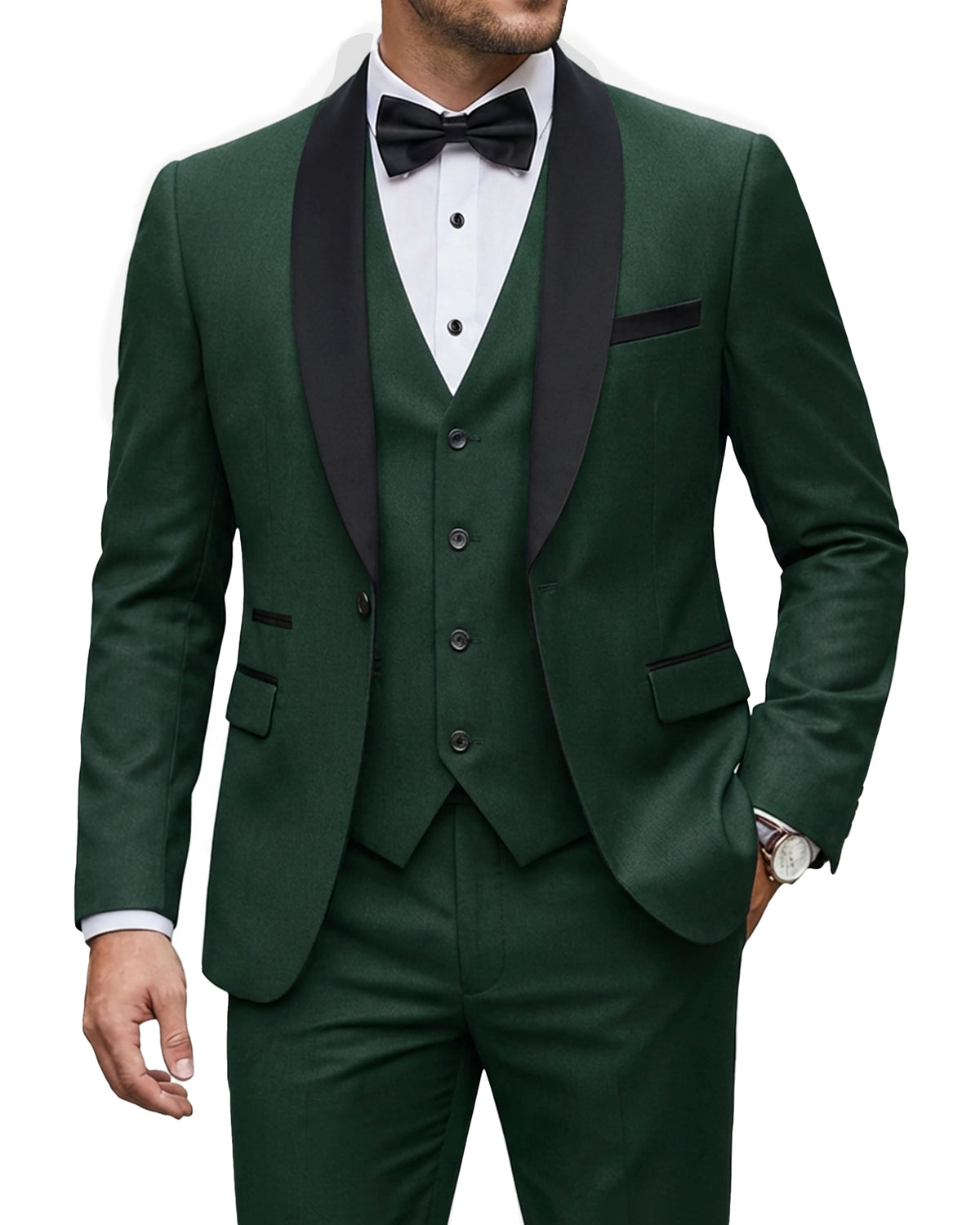 one-button jacket, matching vest, and pants.
