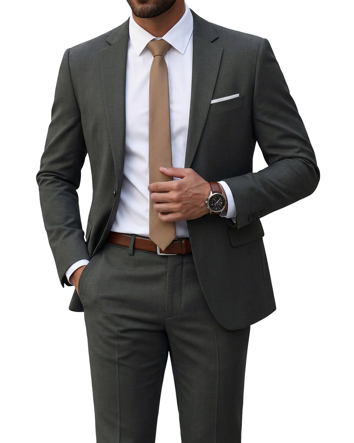 one-button suit jacket paired with a pair of pants