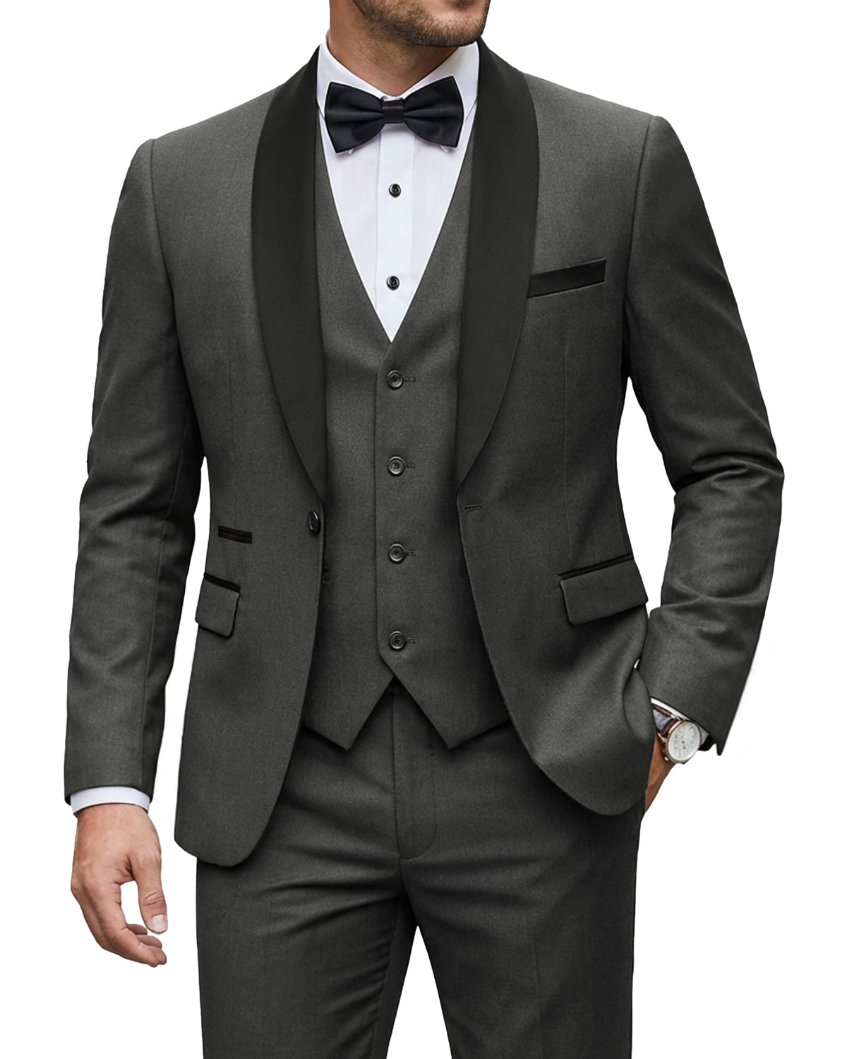 one-button jacket, matching vest, and pants.