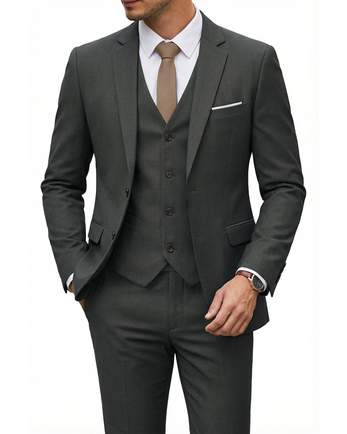 two-button suit jacket with a matching vest and pants