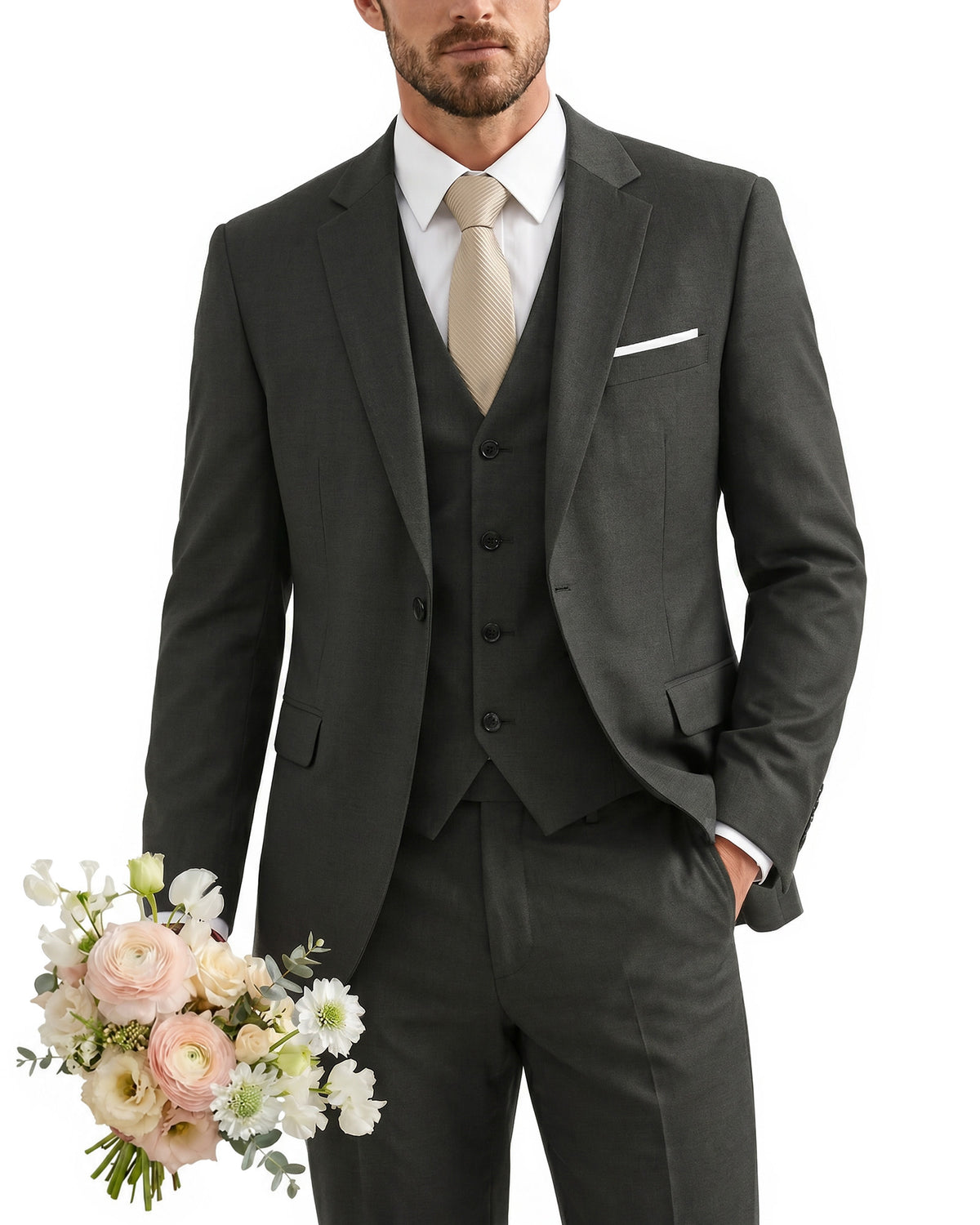 one-button suit includes a jacket, vest, pants