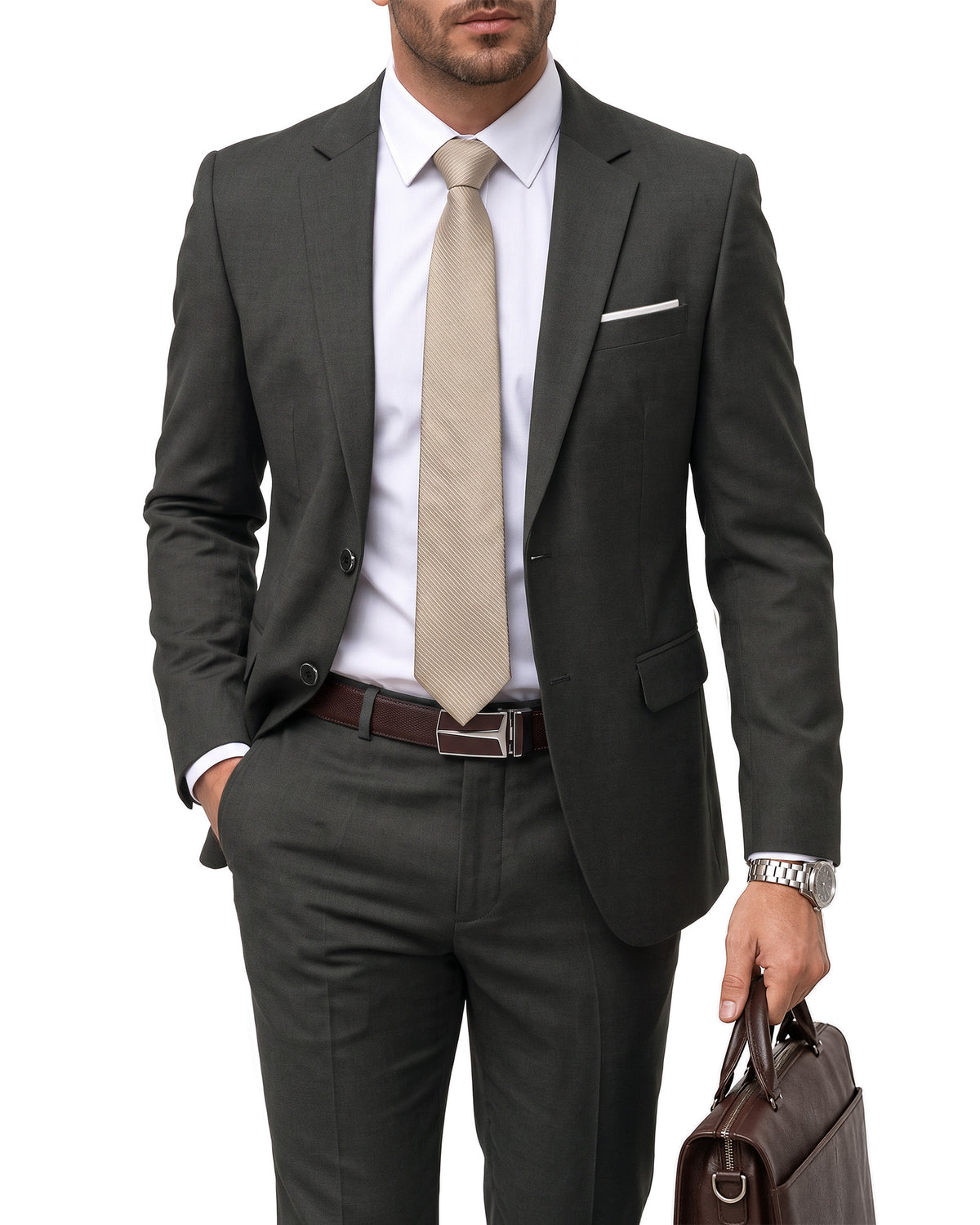 two-button suit jacket paired with a pair of pants