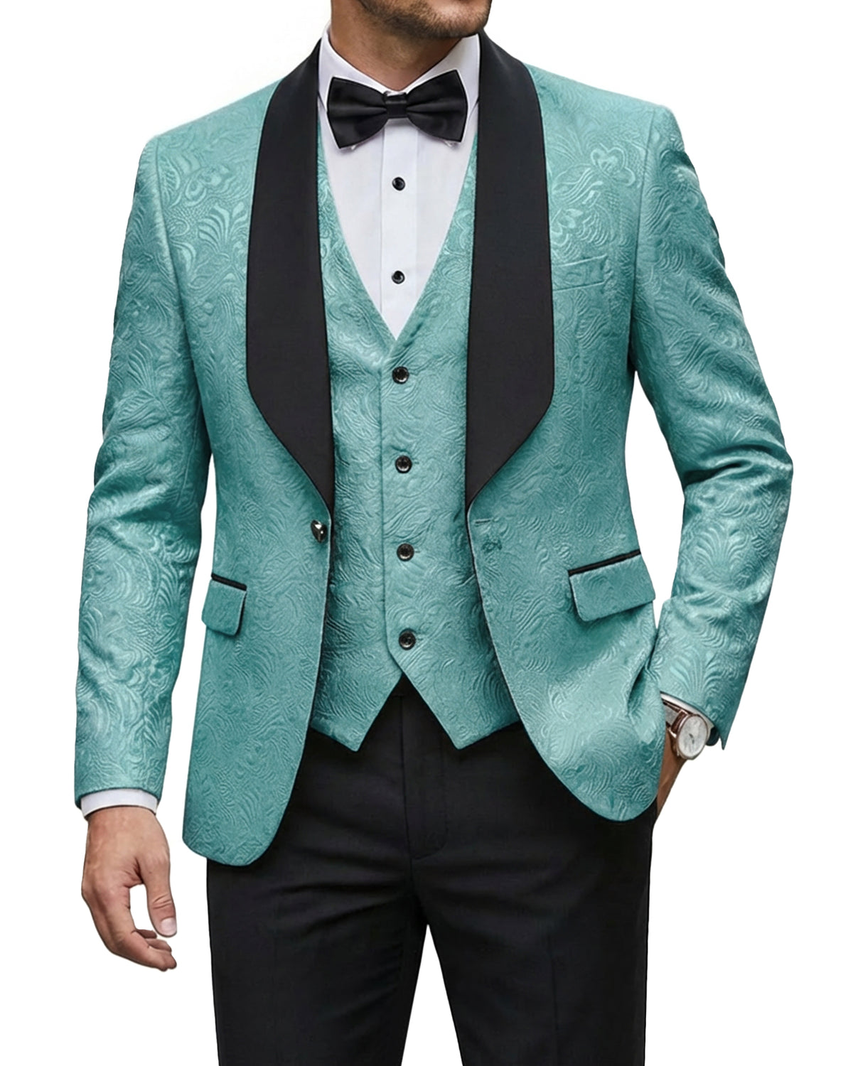 one-button jacquard tuxedo jacket, matching vest, and pants