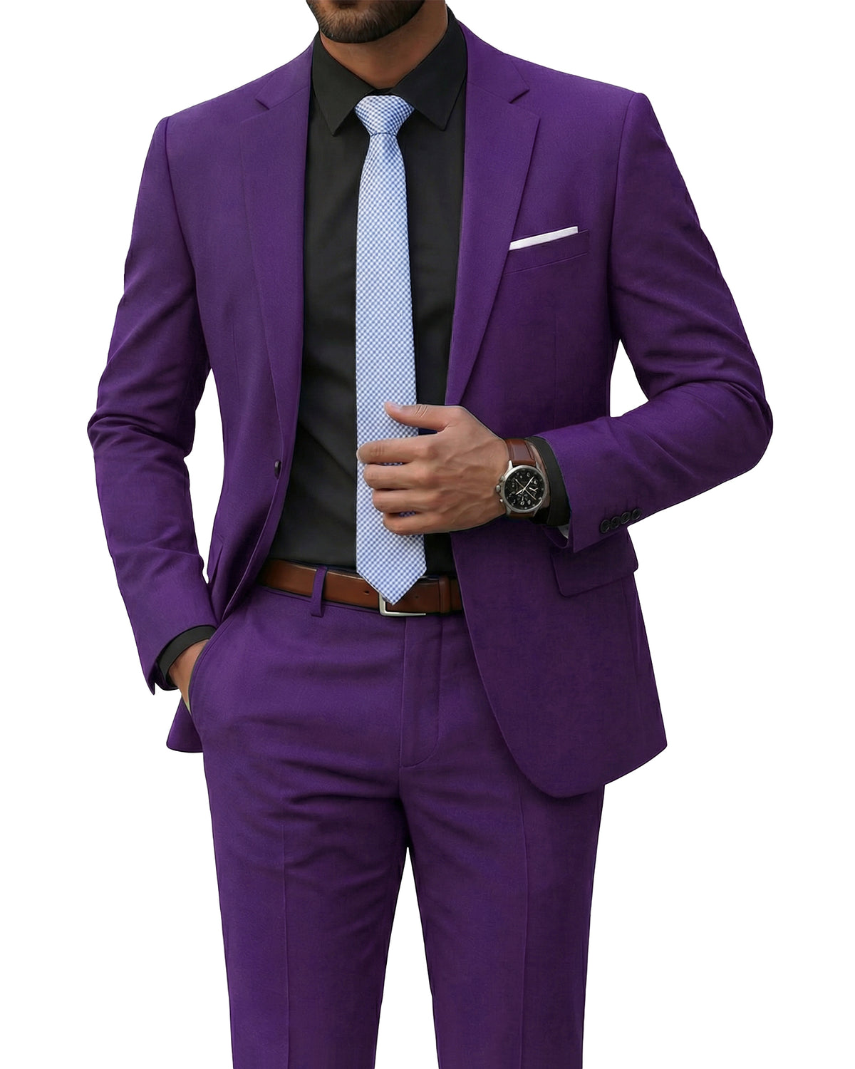 one-button suit jacket paired with a pair of pants