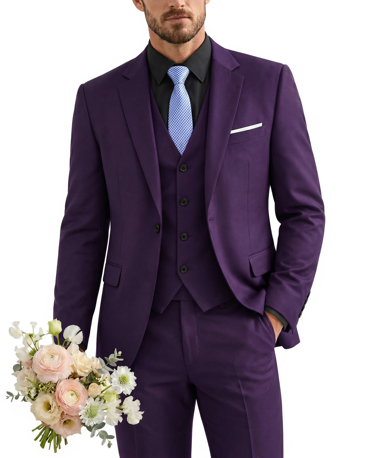 one-button suit includes a jacket, vest, pants