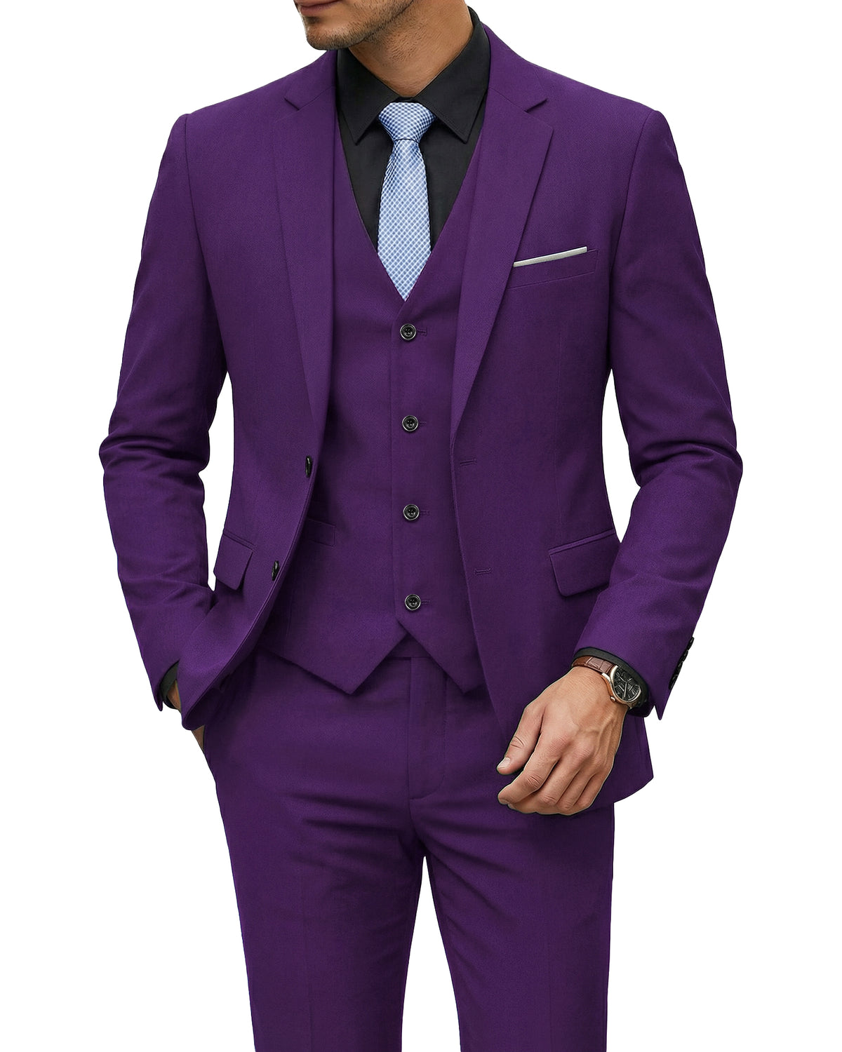 two-button suit jacket with a matching vest and pants