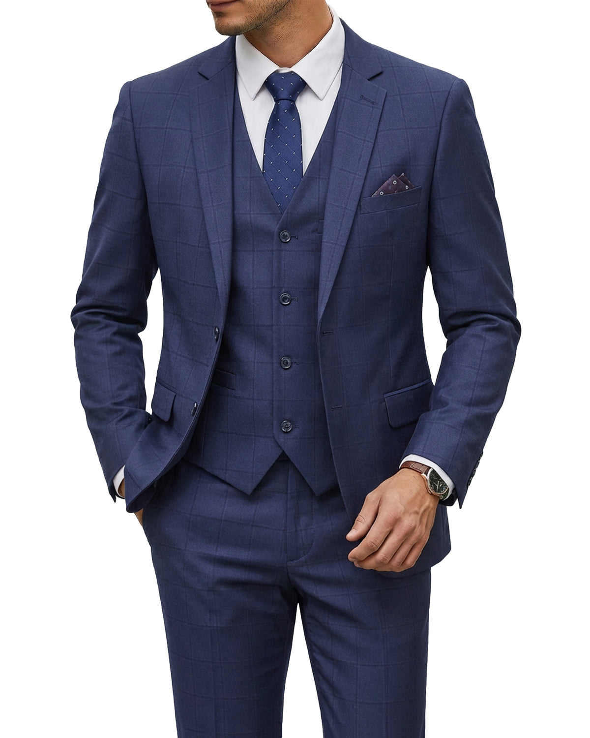 two-button suit jacket with a matching vest and pants