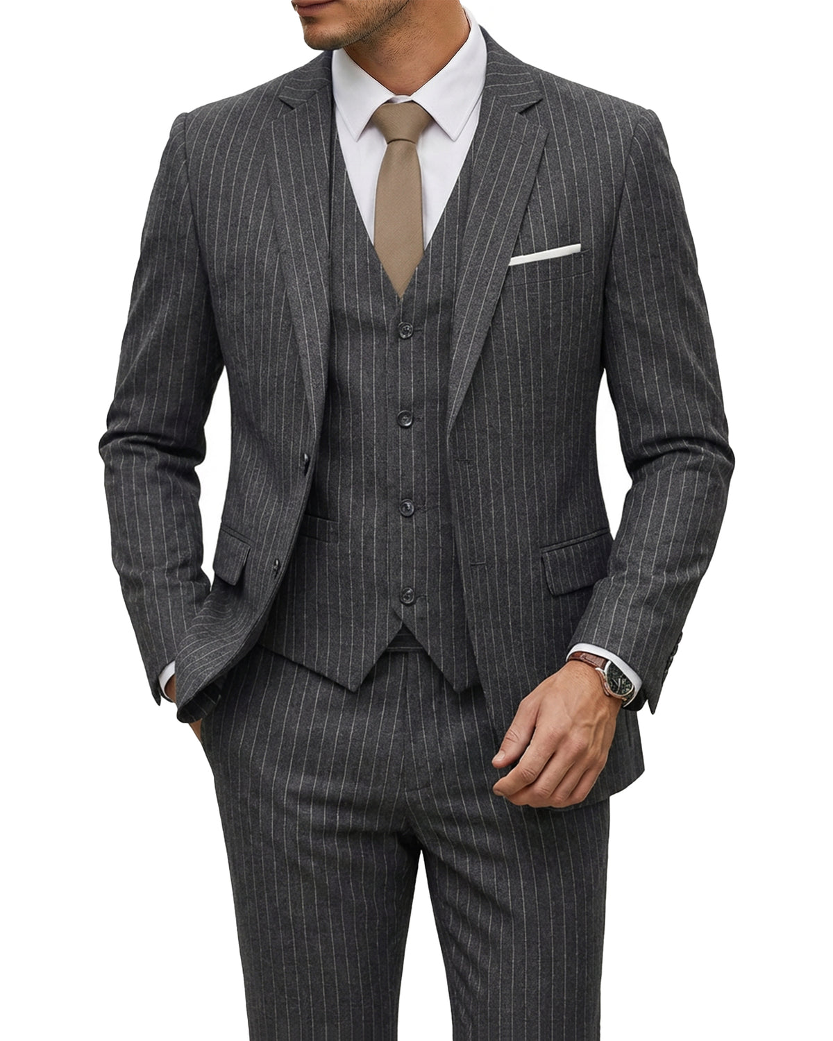 two-button suit jacket with a matching vest and pants