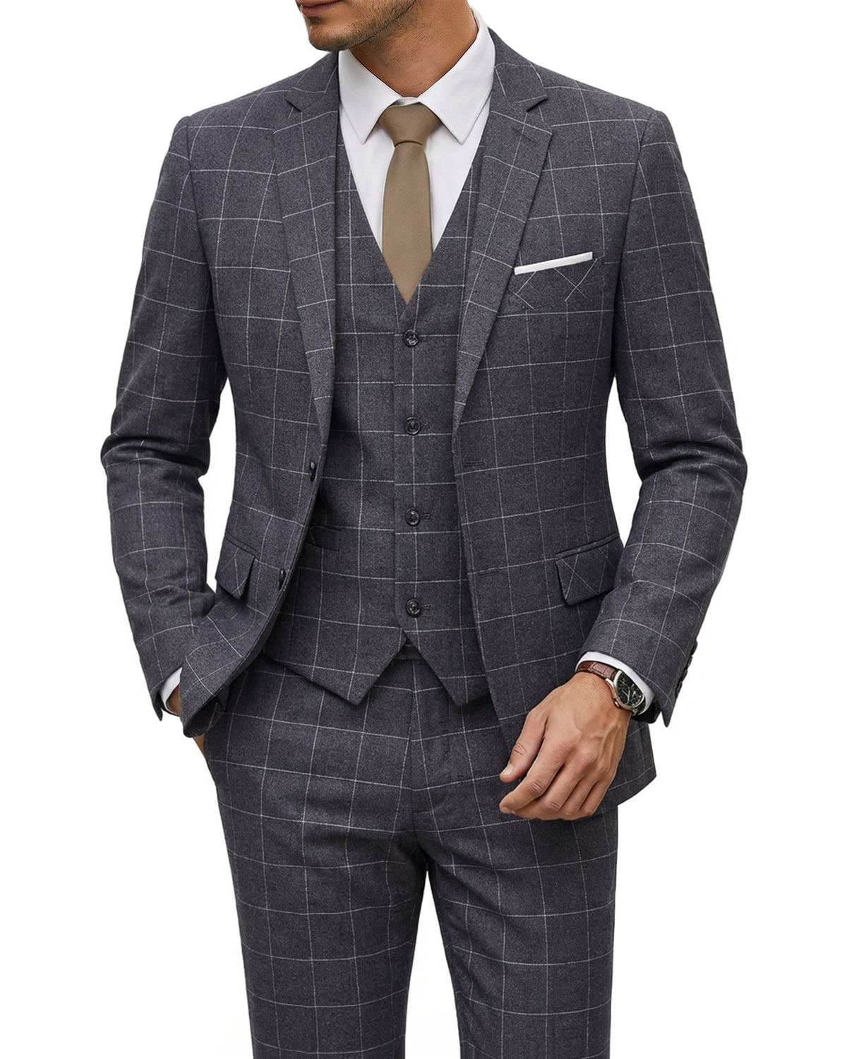 two-button suit jacket with a matching vest and pants