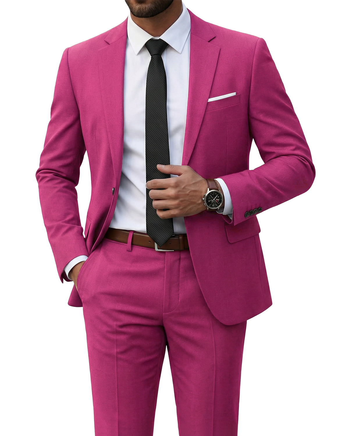 one-button suit jacket paired with a pair of pants