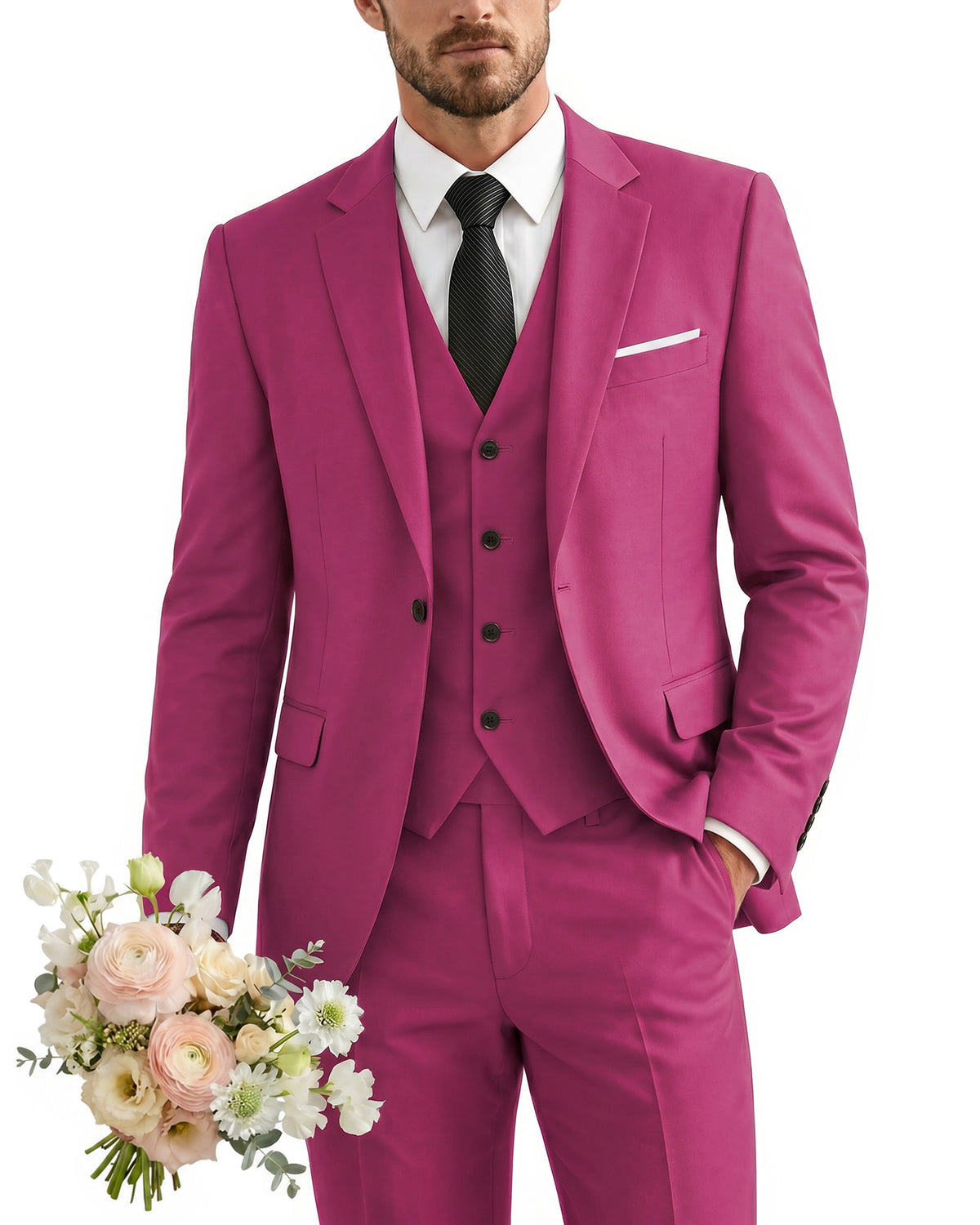 one-button suit includes a jacket, vest, pants