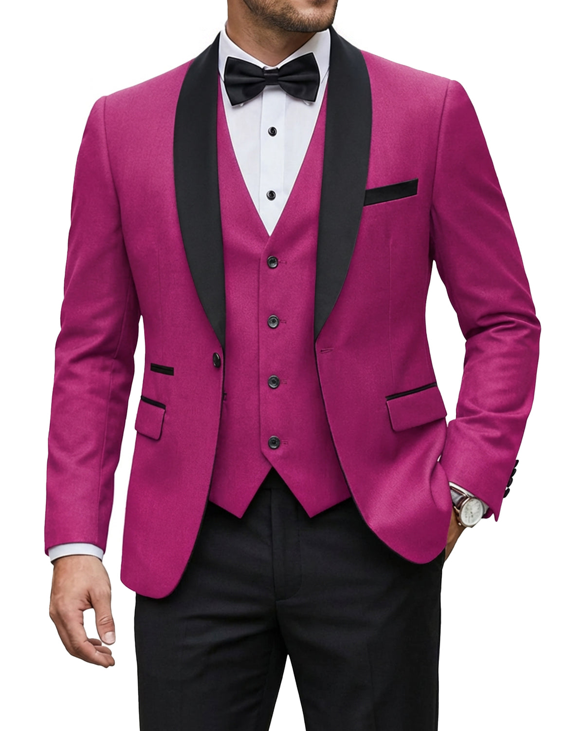 one-button jacket, matching vest, and pants.