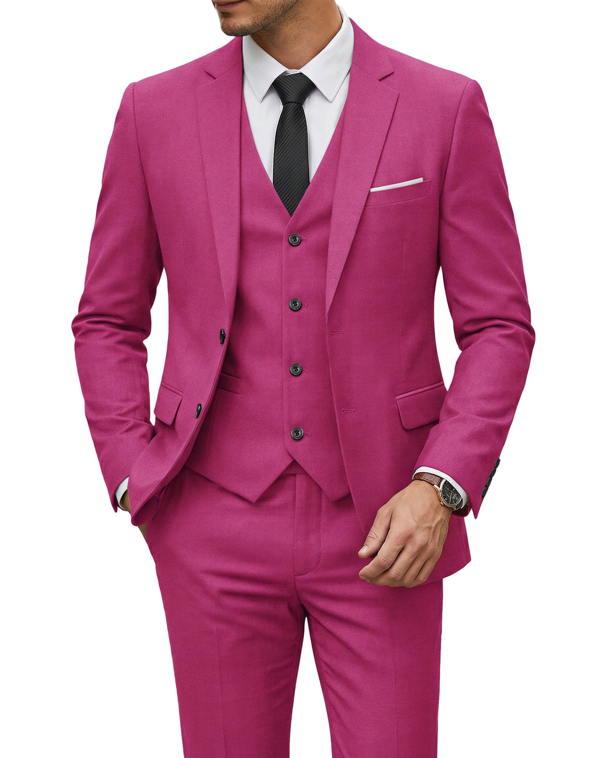 two-button suit jacket with a matching vest and pants