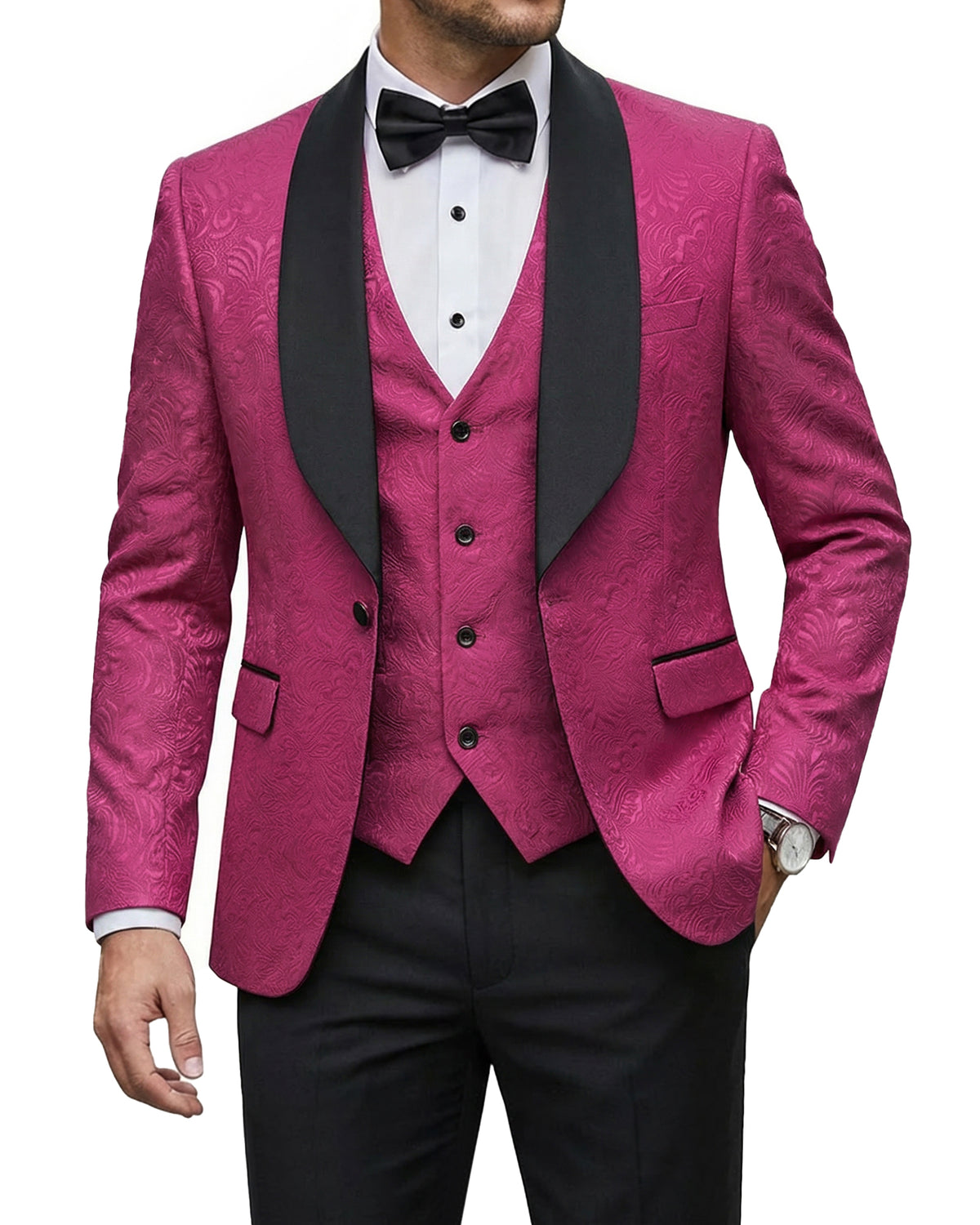 one-button jacquard tuxedo jacket, matching vest, and pants