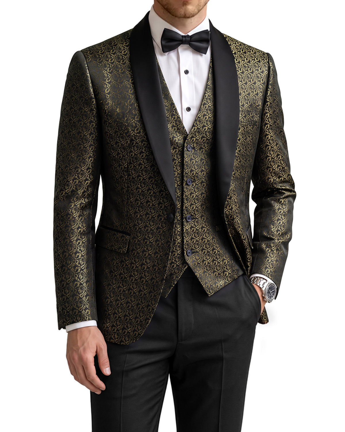 one-button jacket, matching vest, and pants