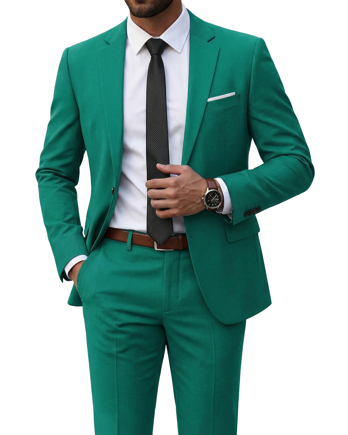 one-button suit jacket paired with a pair of pants