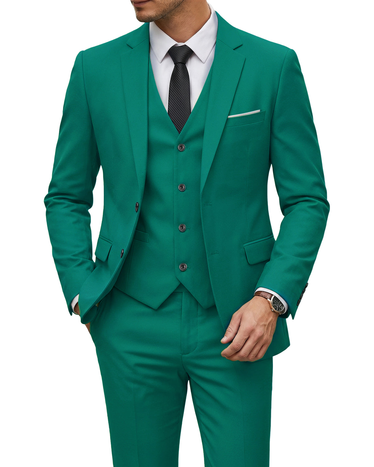 two-button suit jacket with a matching vest and pants