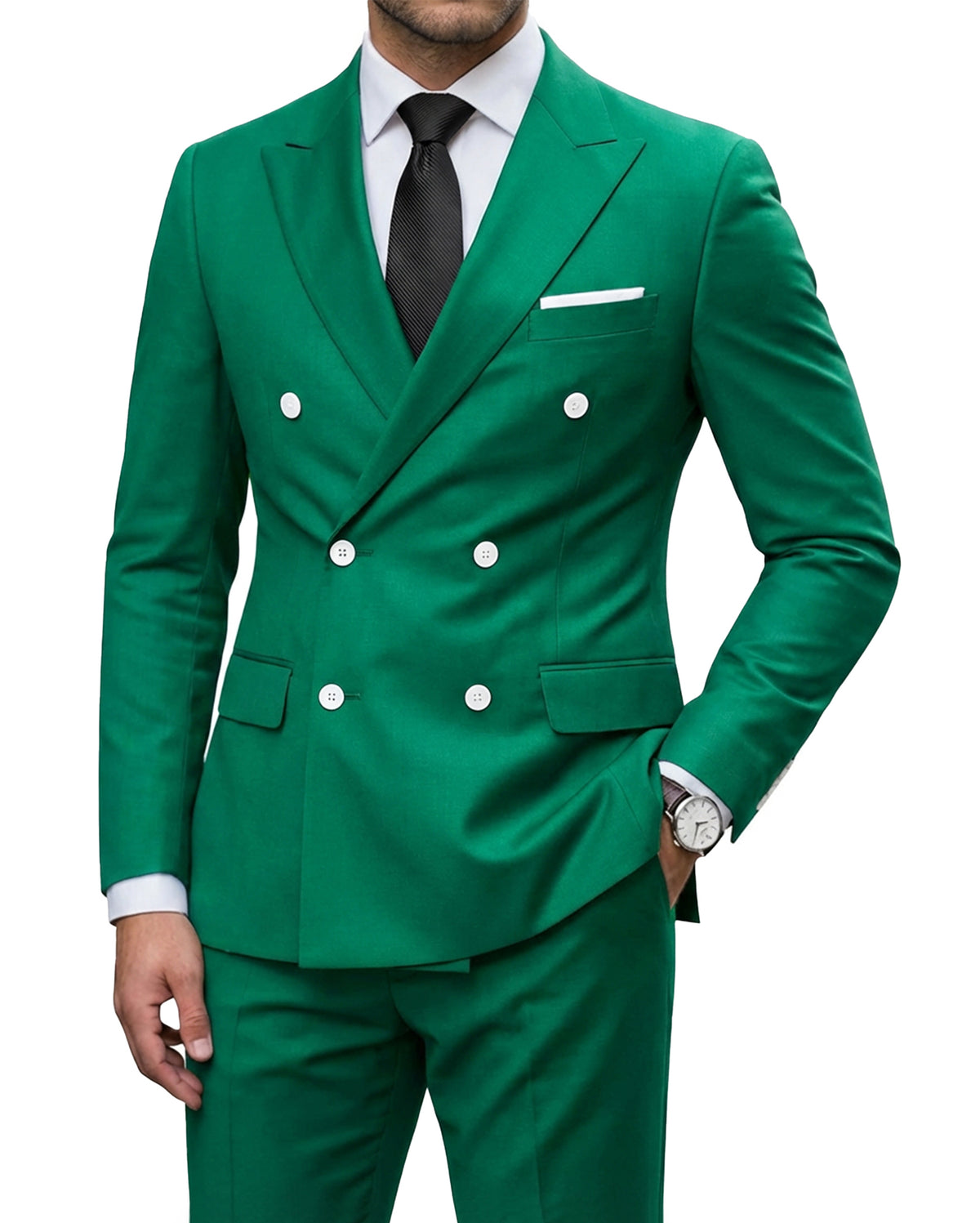 double-breasted suit jacket paired with a pair of pants