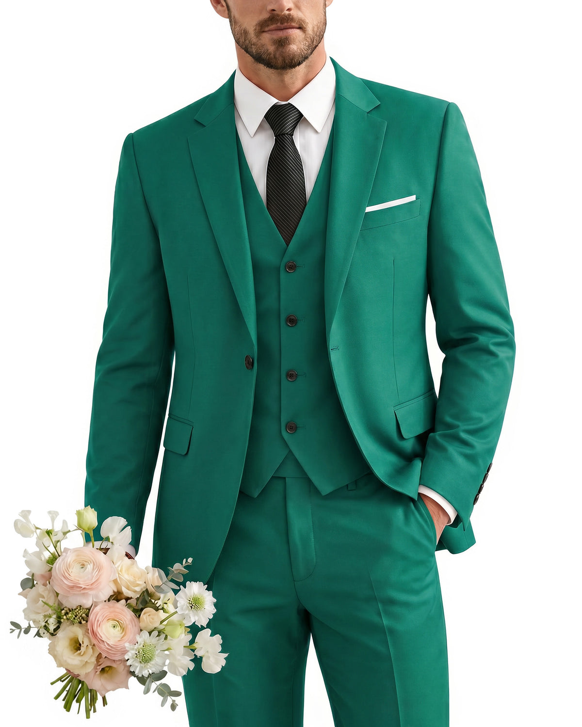 one-button suit includes a jacket, vest, pants