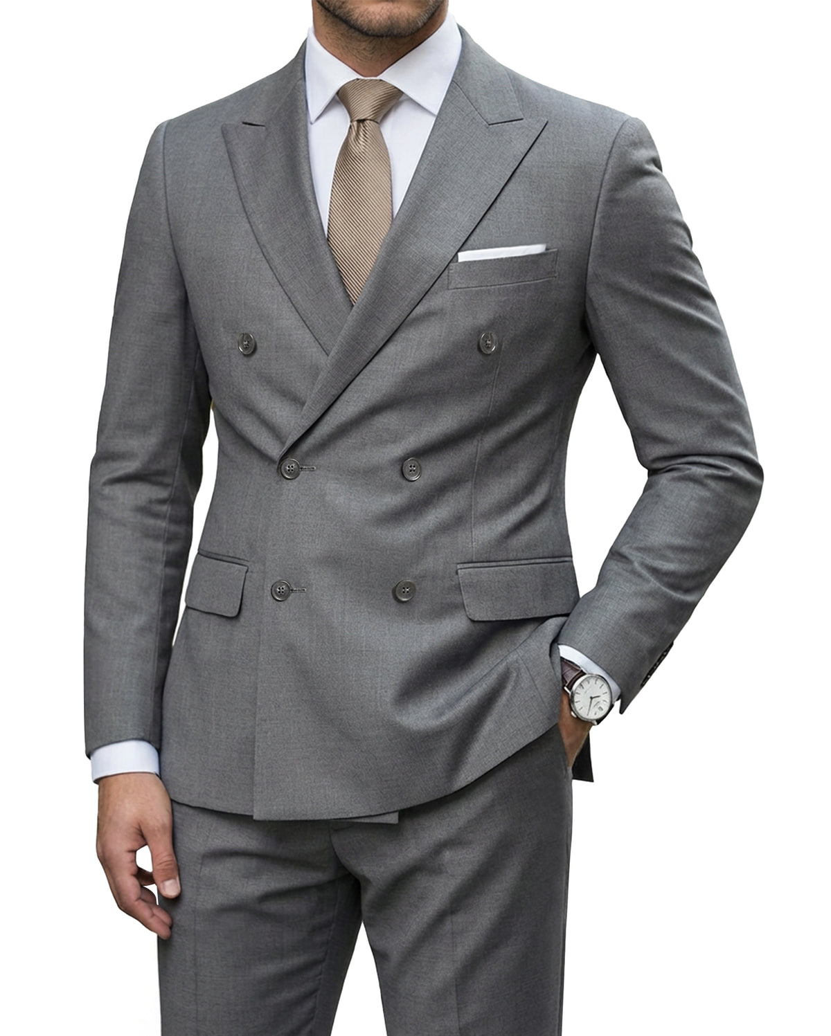 double-breasted suit jacket paired with a pair of pants