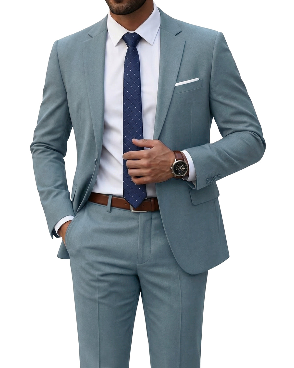 one-button suit jacket paired with a pair of pants