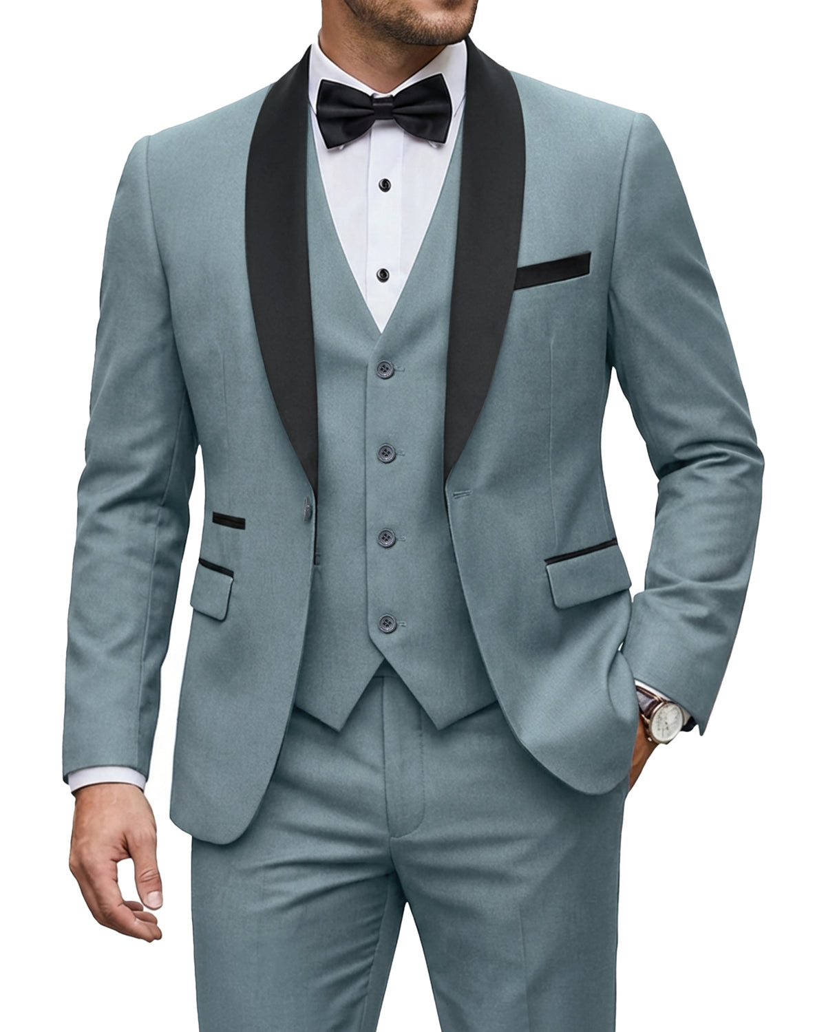 one-button jacket, matching vest, and pants.