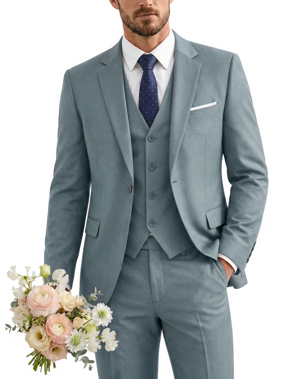 one-button suit includes a jacket, vest, pants