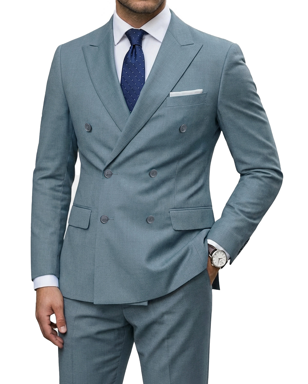 double-breasted suit jacket paired with a pair of pants