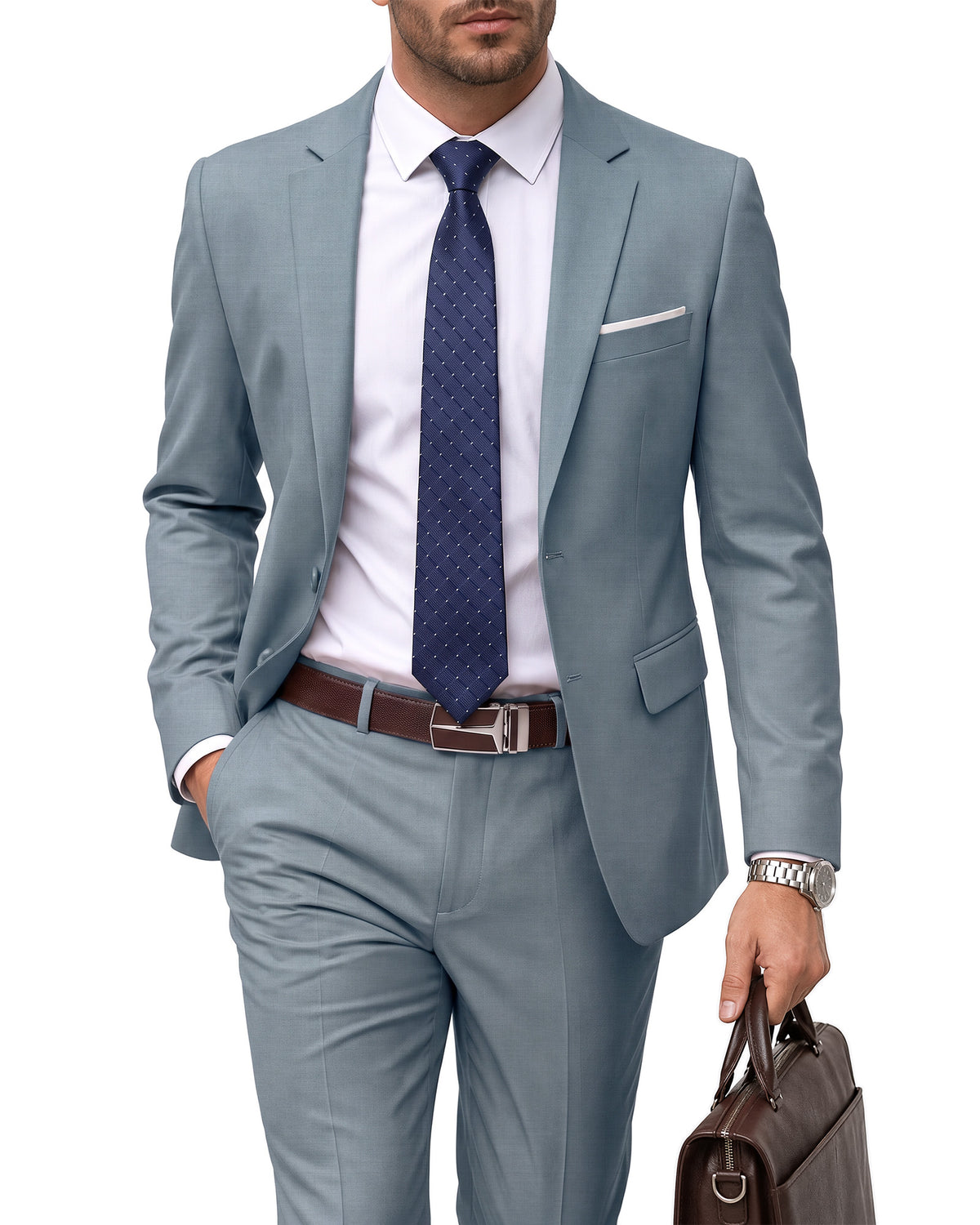 two-button suit jacket paired with a pair of pants