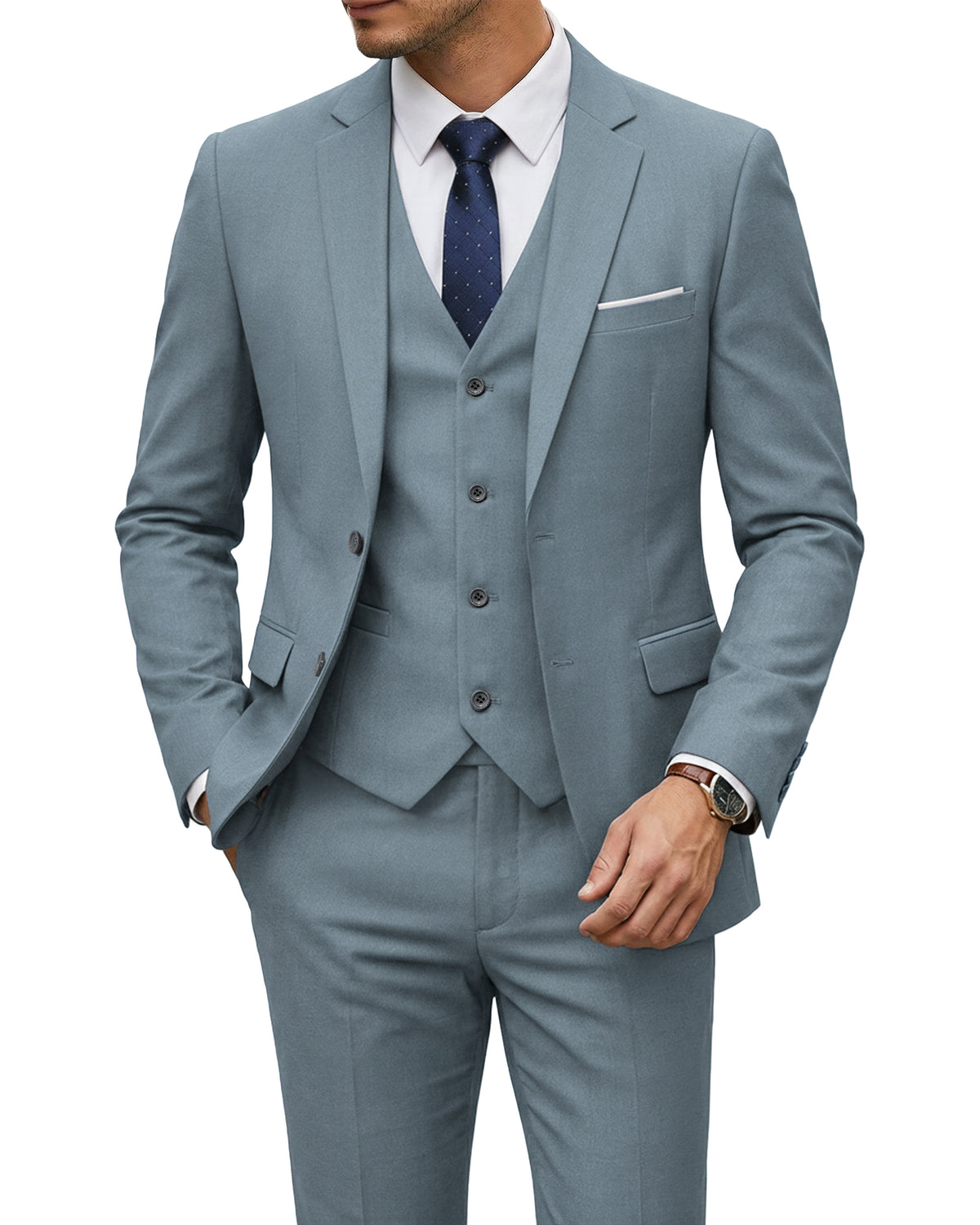 two-button suit jacket with a matching vest and pants