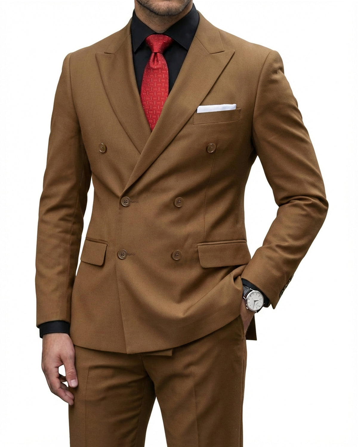 double-breasted suit jacket paired with a pair of pants