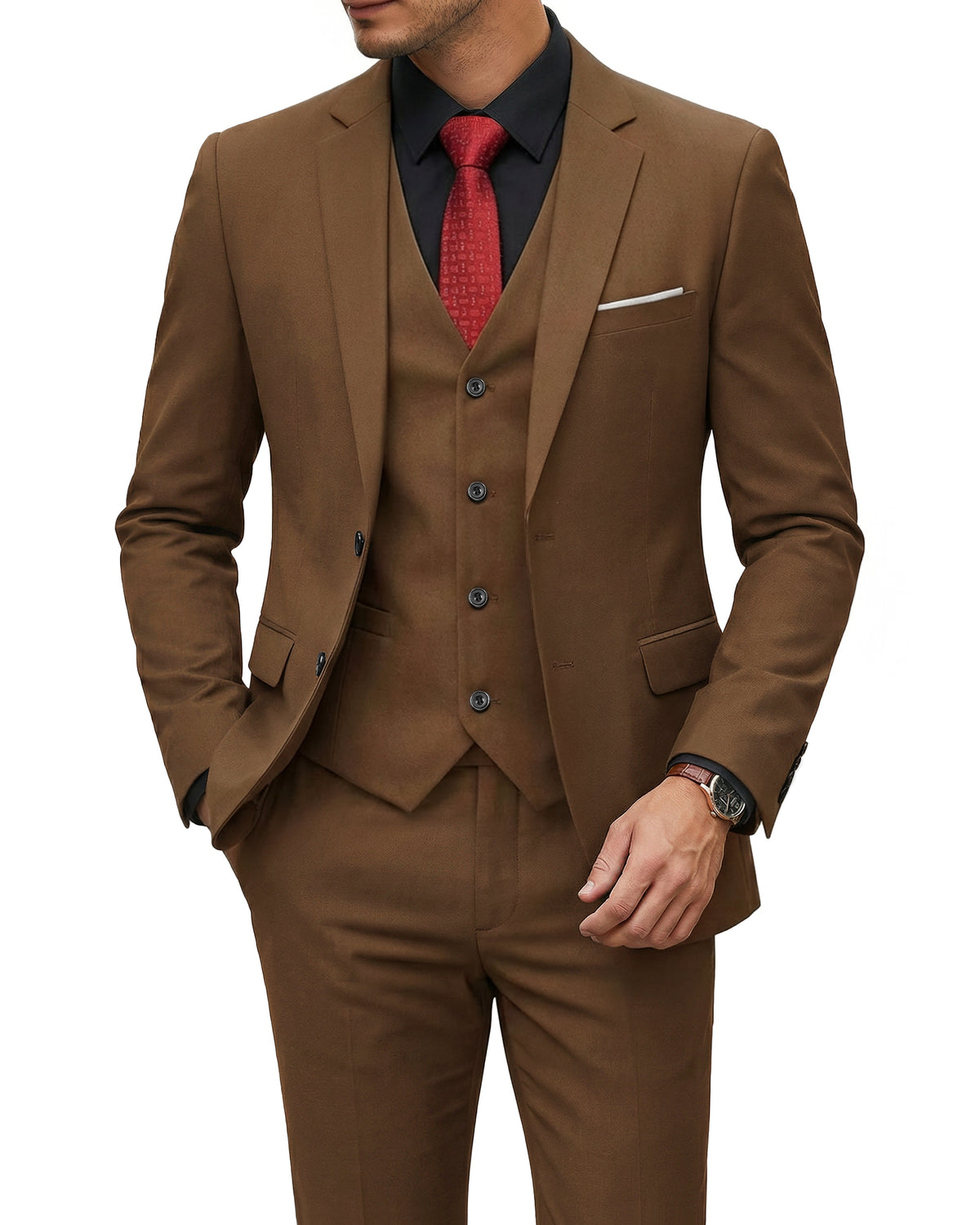 two-button suit jacket with a matching vest and pants