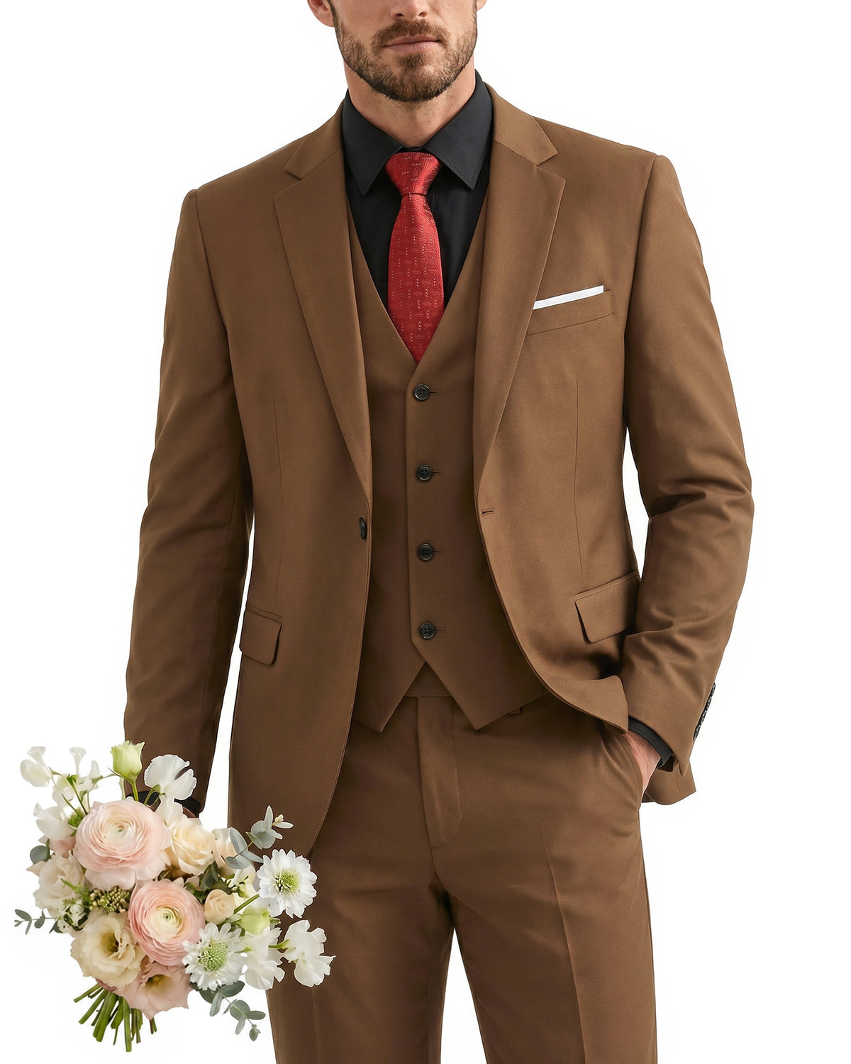 one-button suit includes a jacket, vest, pants