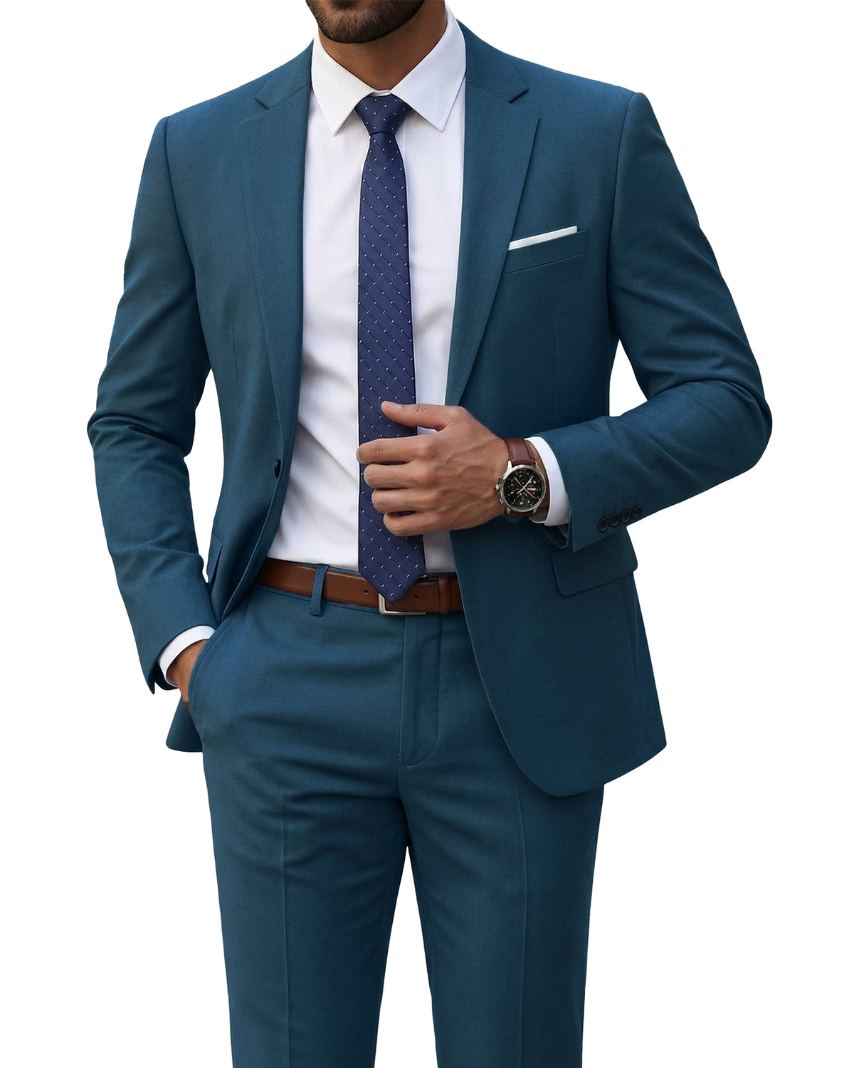 one-button suit jacket paired with a pair of pants