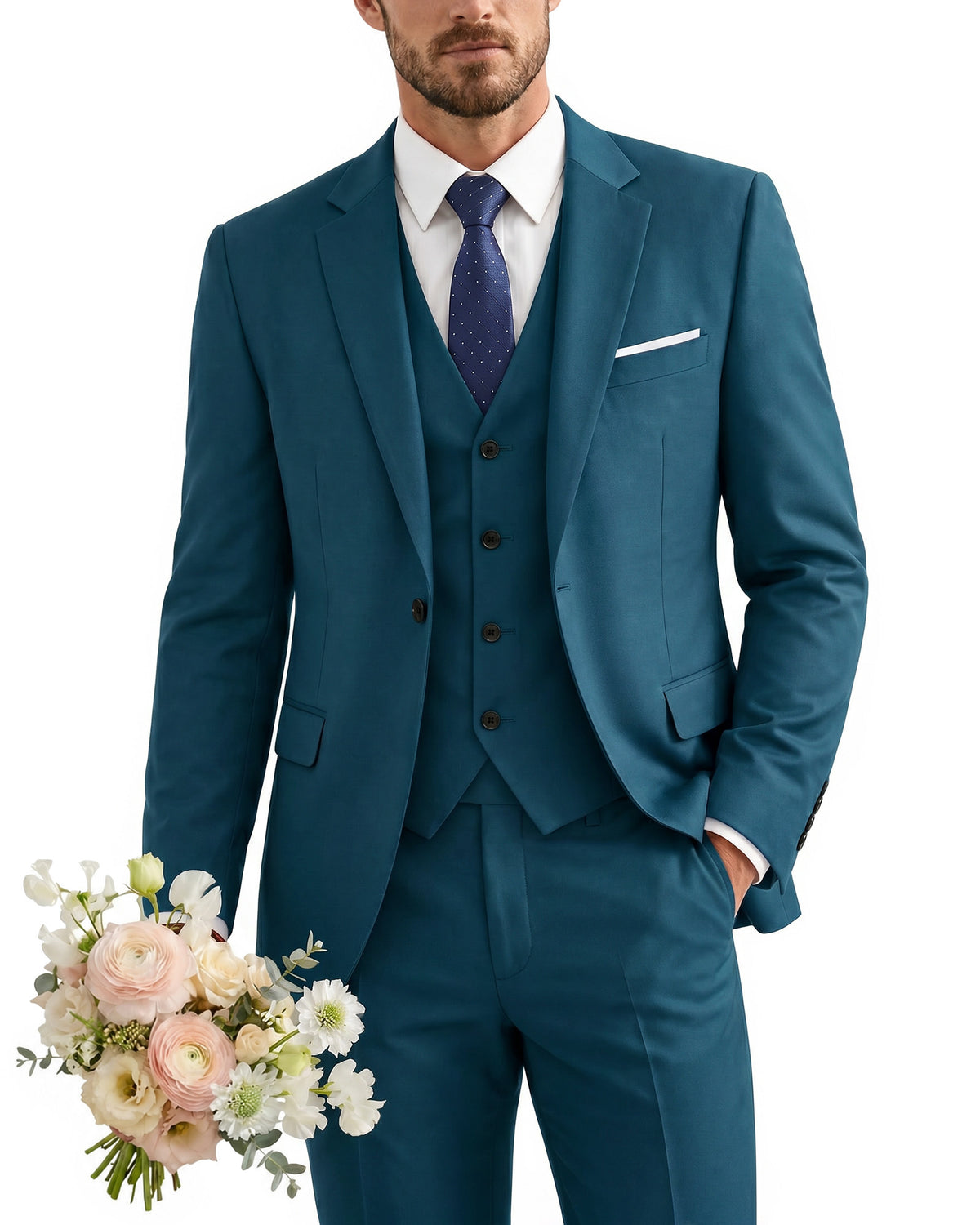 one-button suit includes a jacket, vest, pants