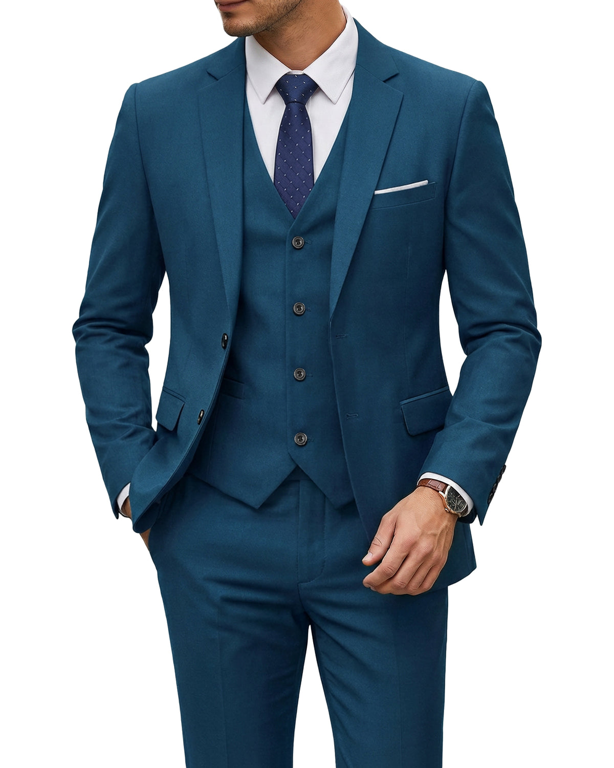 two-button suit jacket with a matching vest and pants
