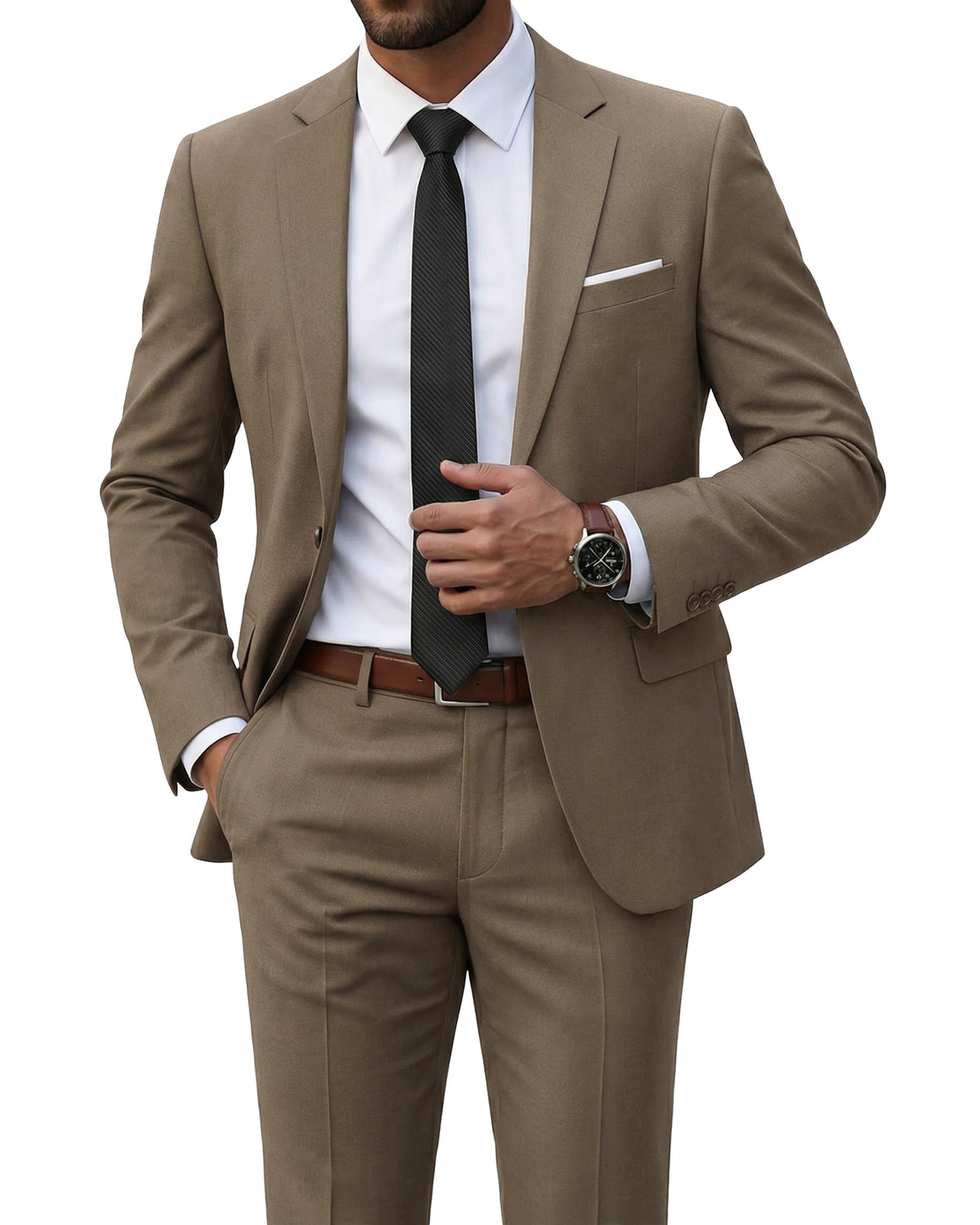 one-button suit jacket paired with a pair of pants