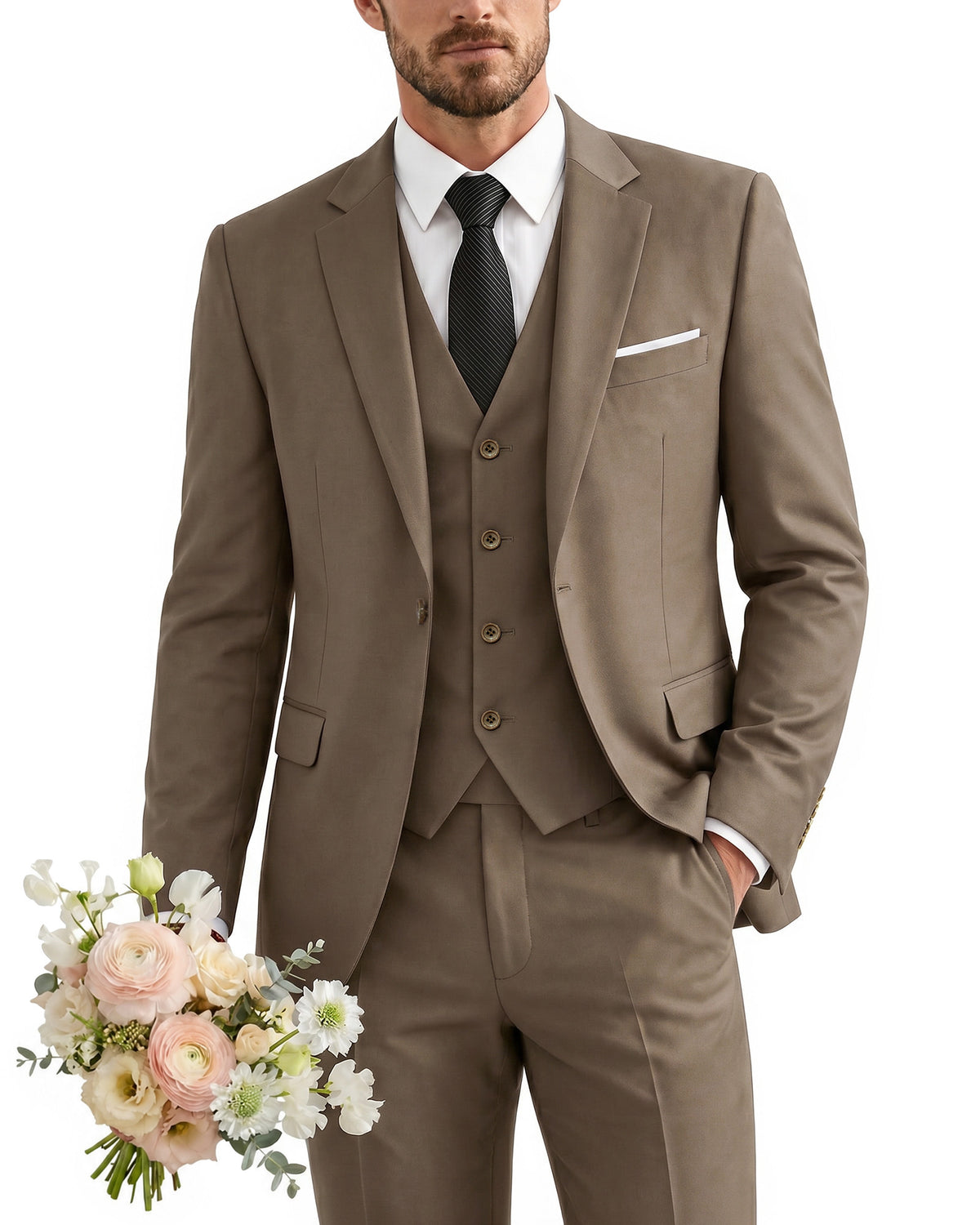 one-button suit includes a jacket, vest, pants
