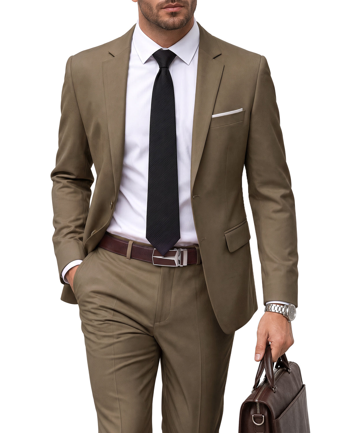 two-button suit jacket paired with a pair of pants
