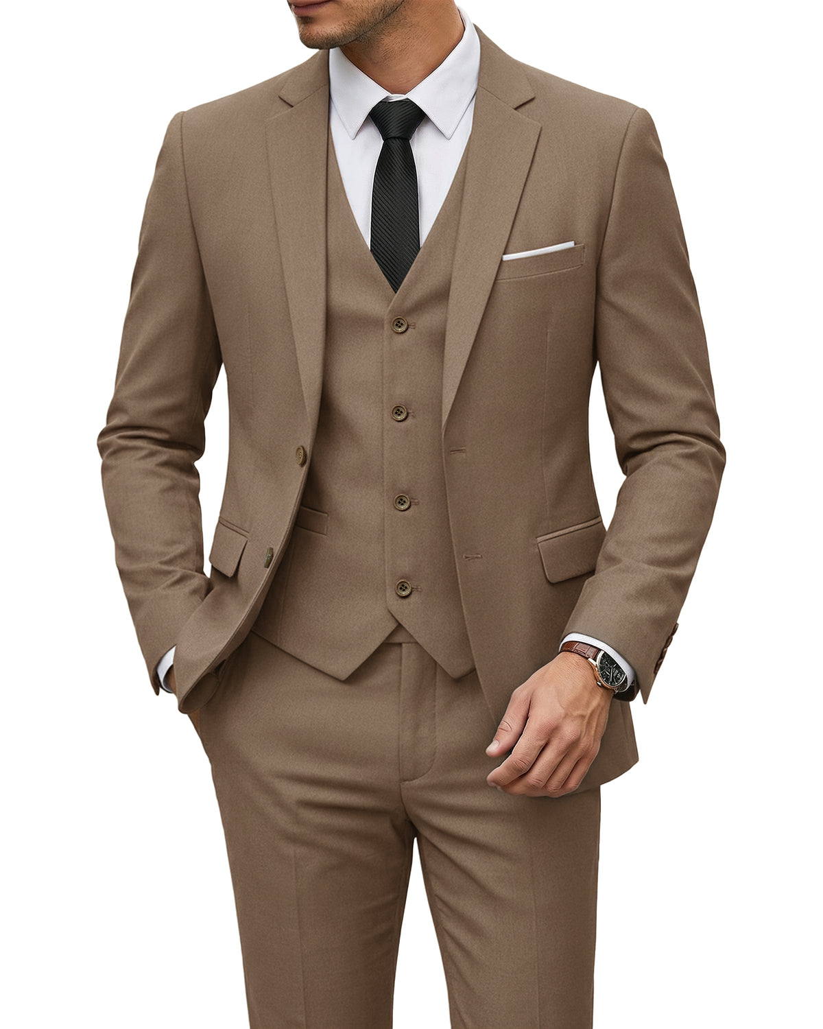 two-button suit jacket with a matching vest and pants