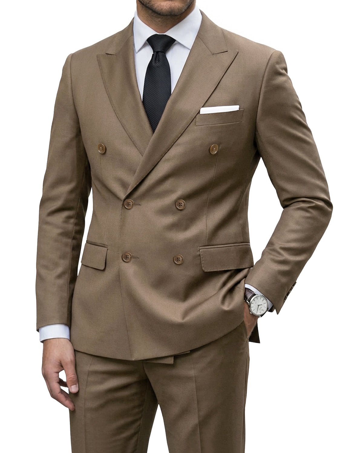 double-breasted suit jacket paired with a pair of pants