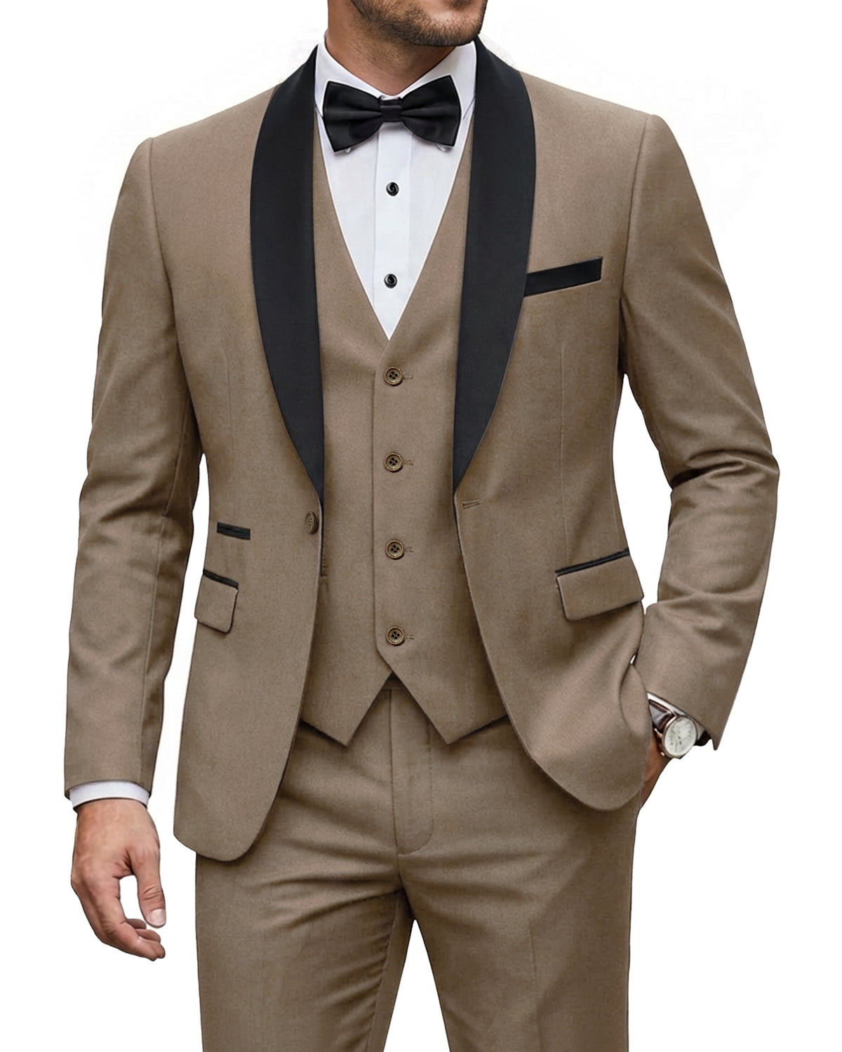 one-button jacket, matching vest, and pants.