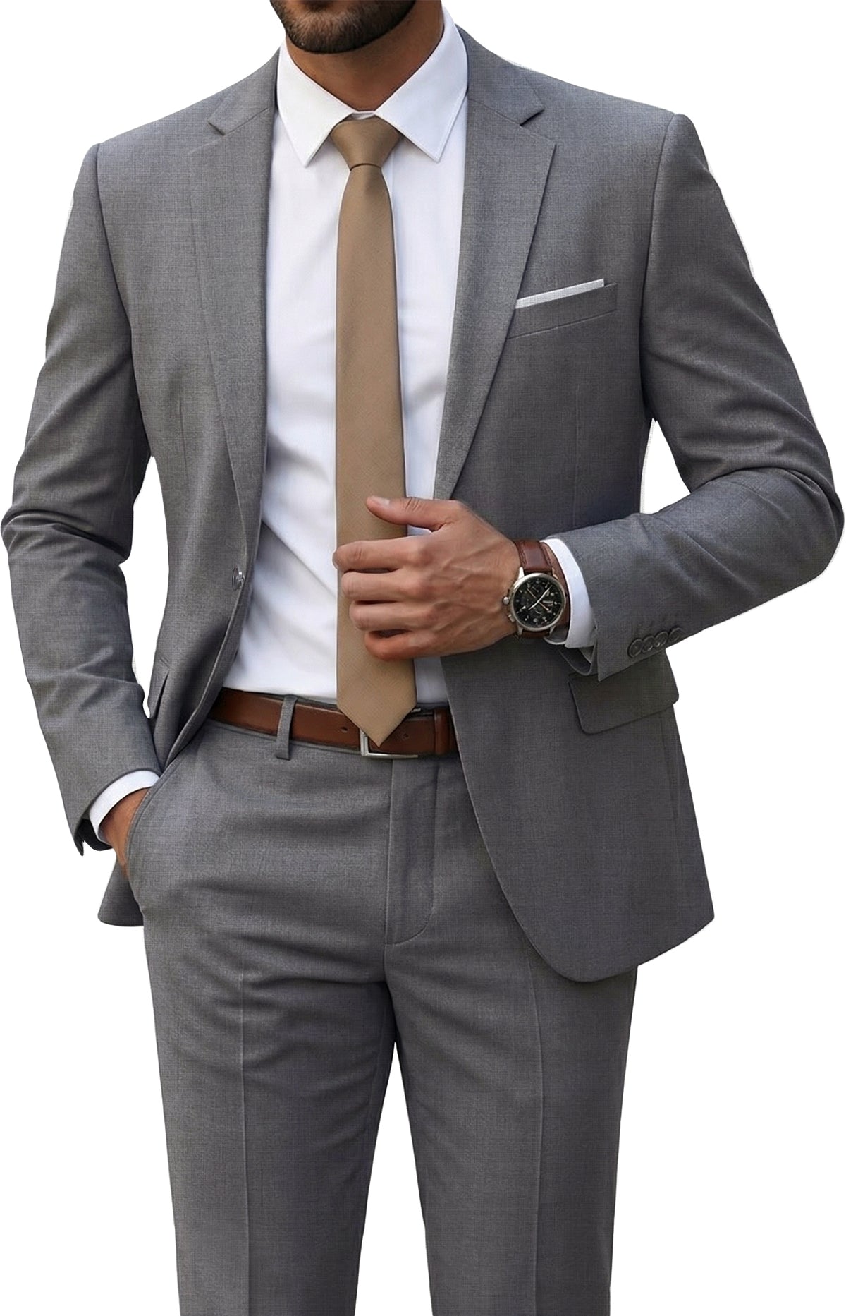 one-button suit jacket paired with a pair of pants