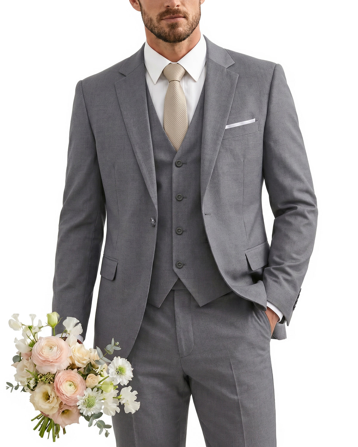 one-button suit includes a jacket, vest, pants