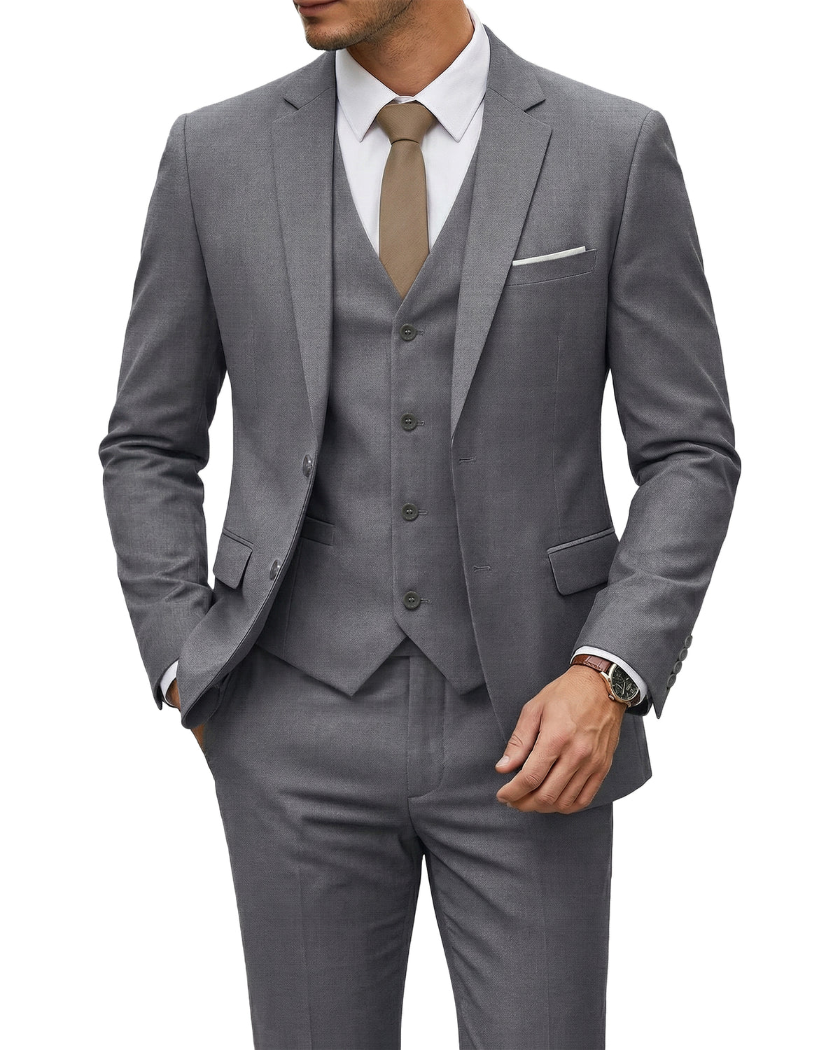 two-button suit jacket with a matching vest and pants