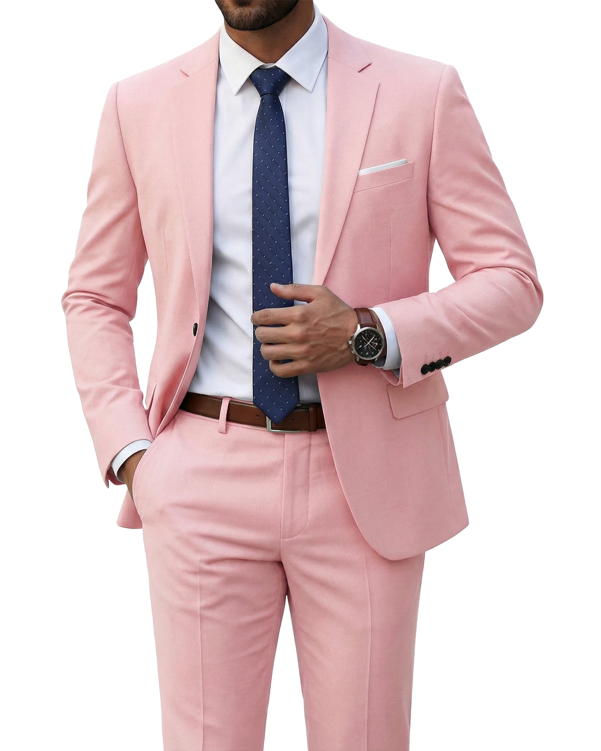one-button suit jacket paired with a pair of pants