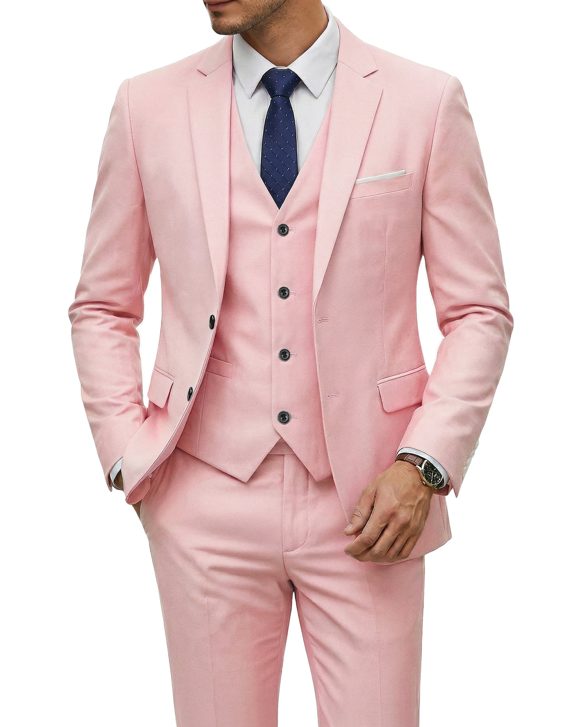 two-button suit jacket with a matching vest and pants