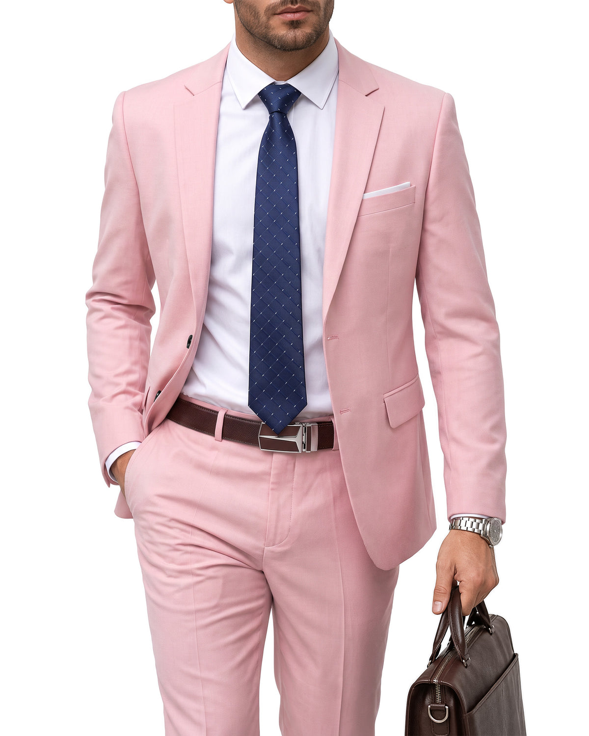 two-button suit jacket paired with a pair of pants