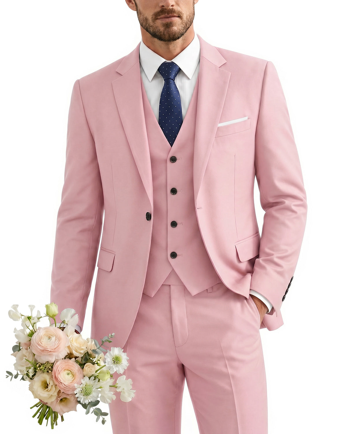 one-button suit includes a jacket, vest, pants