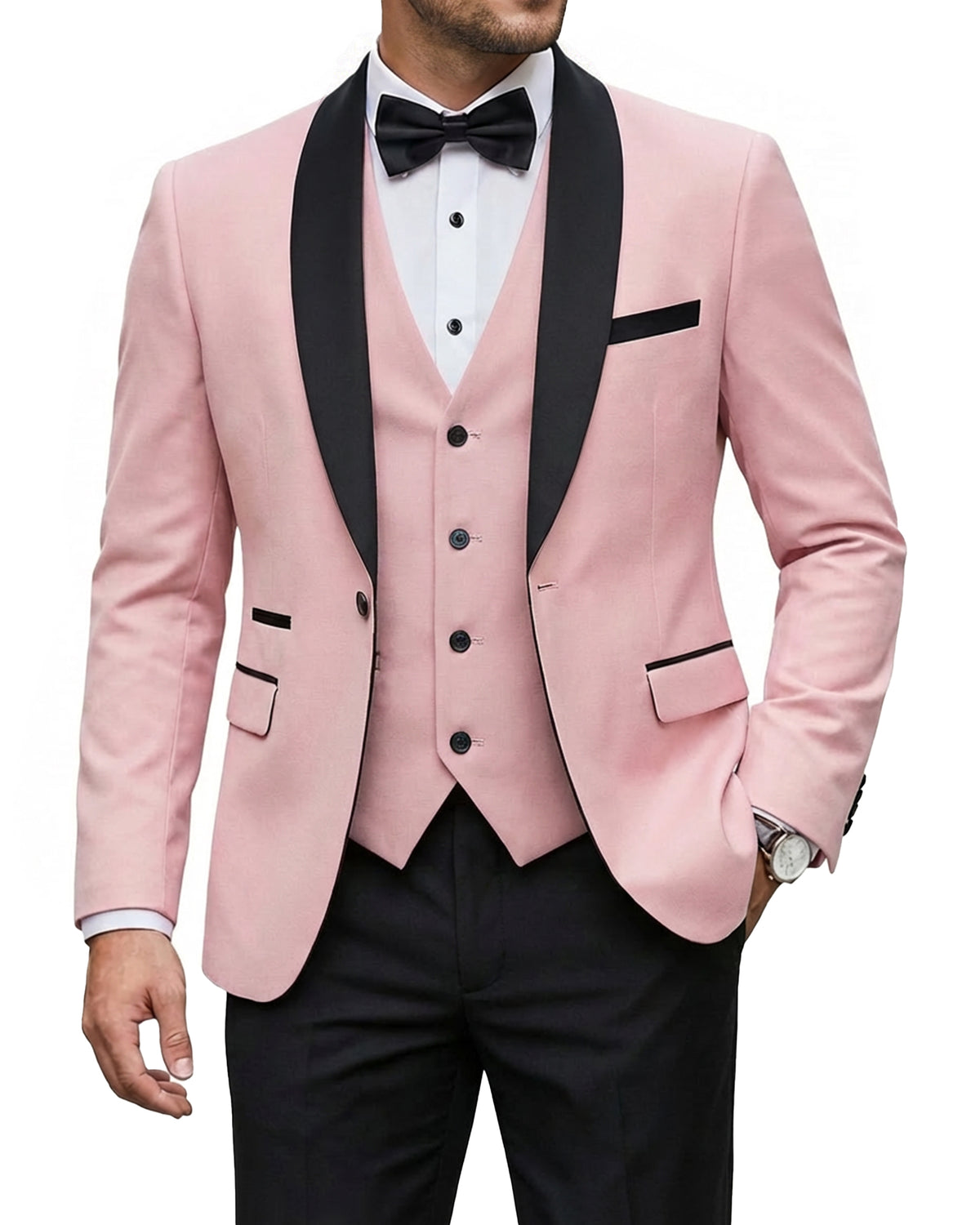 one-button jacket, matching vest, and pants.